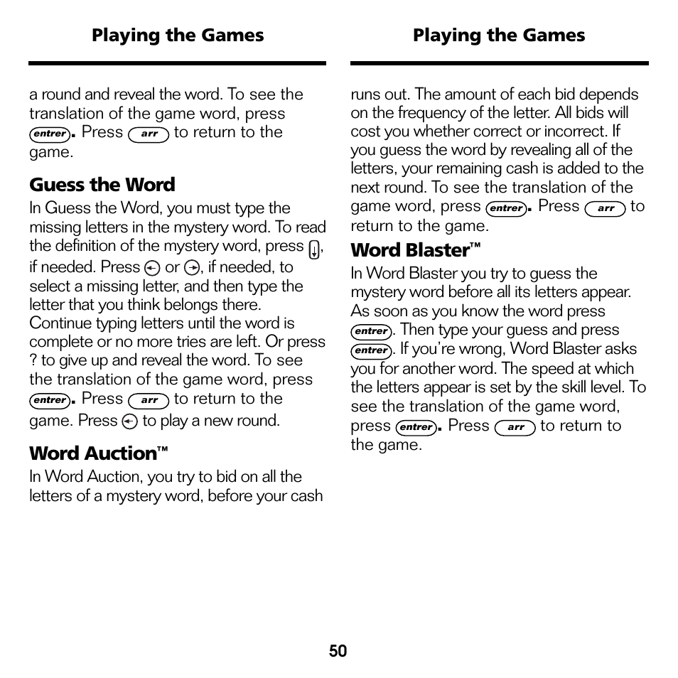 Guess the word, Word auction, Word blaster | Playing the games | Franklin Professeur d'anglais French Professor BFQ-1440 User Manual | Page 23 / 30