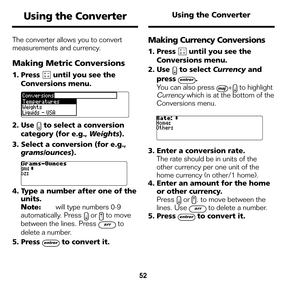 Using the converter, Making metric conversions, Making currency conversions | Franklin Professeur d'anglais French Professor BFQ-1440 User Manual | Page 25 / 30