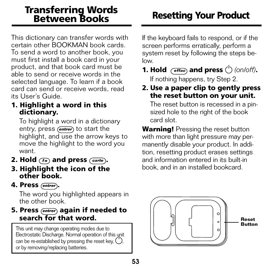 Transferring words between books, Resetting your product | Franklin Professeur d'anglais French Professor BFQ-1440 User Manual | Page 26 / 30