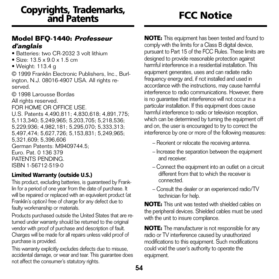 Copyrights, trademarks, and patents, Fcc notice, Copyrights, trademarks, and patents fcc notice | Franklin Professeur d'anglais French Professor BFQ-1440 User Manual | Page 27 / 30