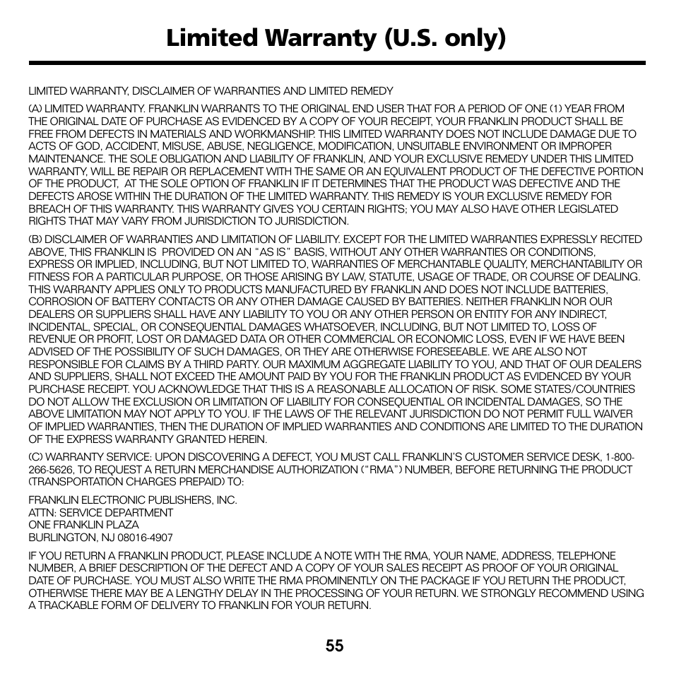 Limited warranty (u.s. only) | Franklin Professeur d'anglais French Professor BFQ-1440 User Manual | Page 28 / 30