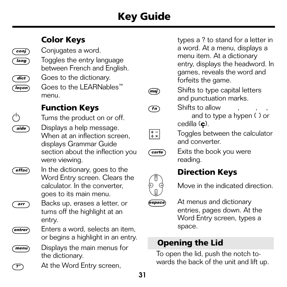 Key guide, Color keys, Function keys | Direction keys, Opening the lid | Franklin Professeur d'anglais French Professor BFQ-1440 User Manual | Page 4 / 30