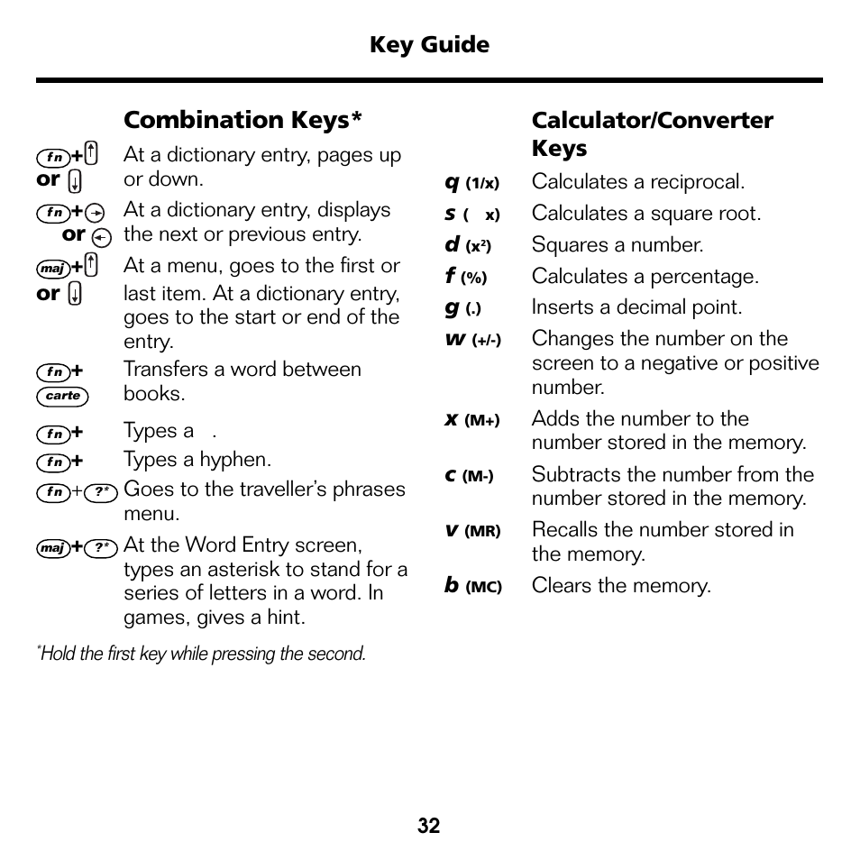 Combination keys, Key guide, Calculator/converter keys | Franklin Professeur d'anglais French Professor BFQ-1440 User Manual | Page 5 / 30