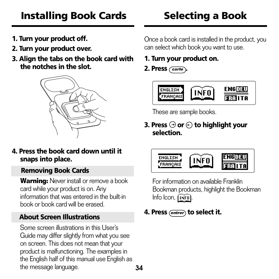 Installing book cards, Selecting a book, Installing book cards selecting a book | Franklin Professeur d'anglais French Professor BFQ-1440 User Manual | Page 7 / 30
