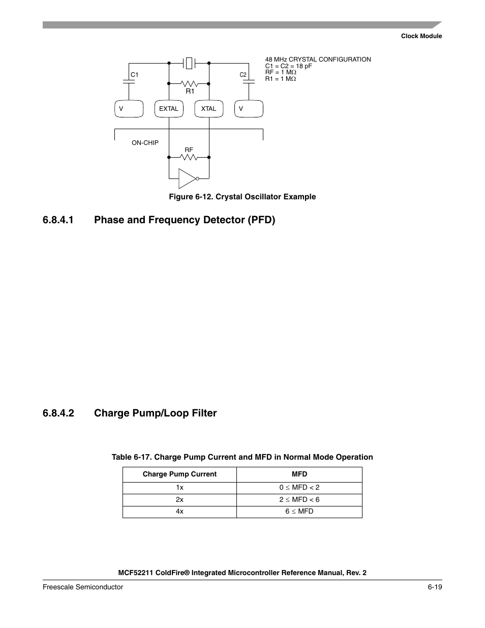 Figure 6-12, Shows the external support circui, Major block of the pll. refer to | 1 phase and frequency detector (pfd), 2 charge pump/loop filter | Freescale Semiconductor ColdFire MCF52210 User Manual | Page 113 / 576