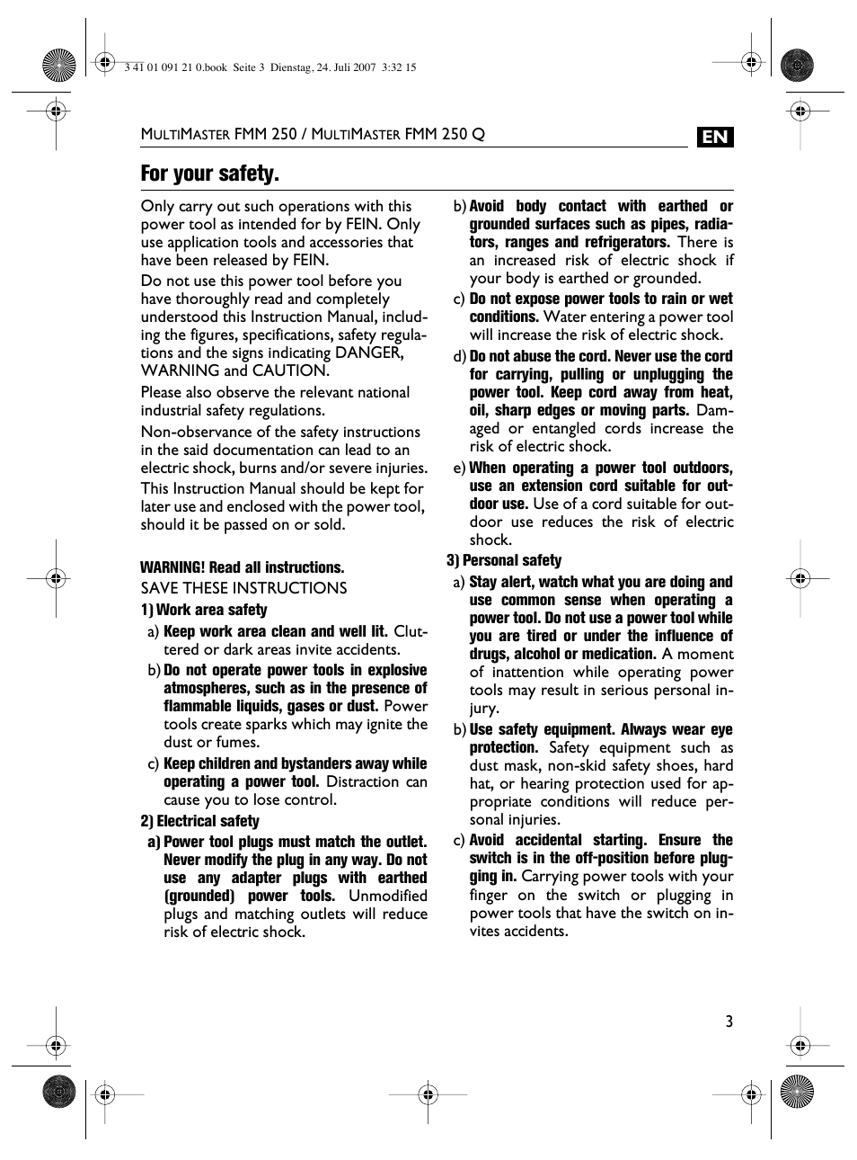 For your safety | FEIN Power Tools FMM 250 User Manual | Page 3 / 44