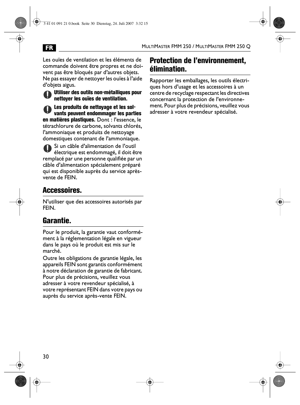Accessoires, Garantie, Protection de l’environnement, élimination | FEIN Power Tools FMM 250 User Manual | Page 30 / 44