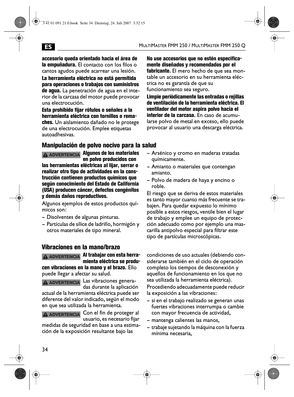Manipulación de polvo nocivo para la salud, Vibraciones en la mano/brazo | FEIN Power Tools FMM 250 User Manual | Page 34 / 44