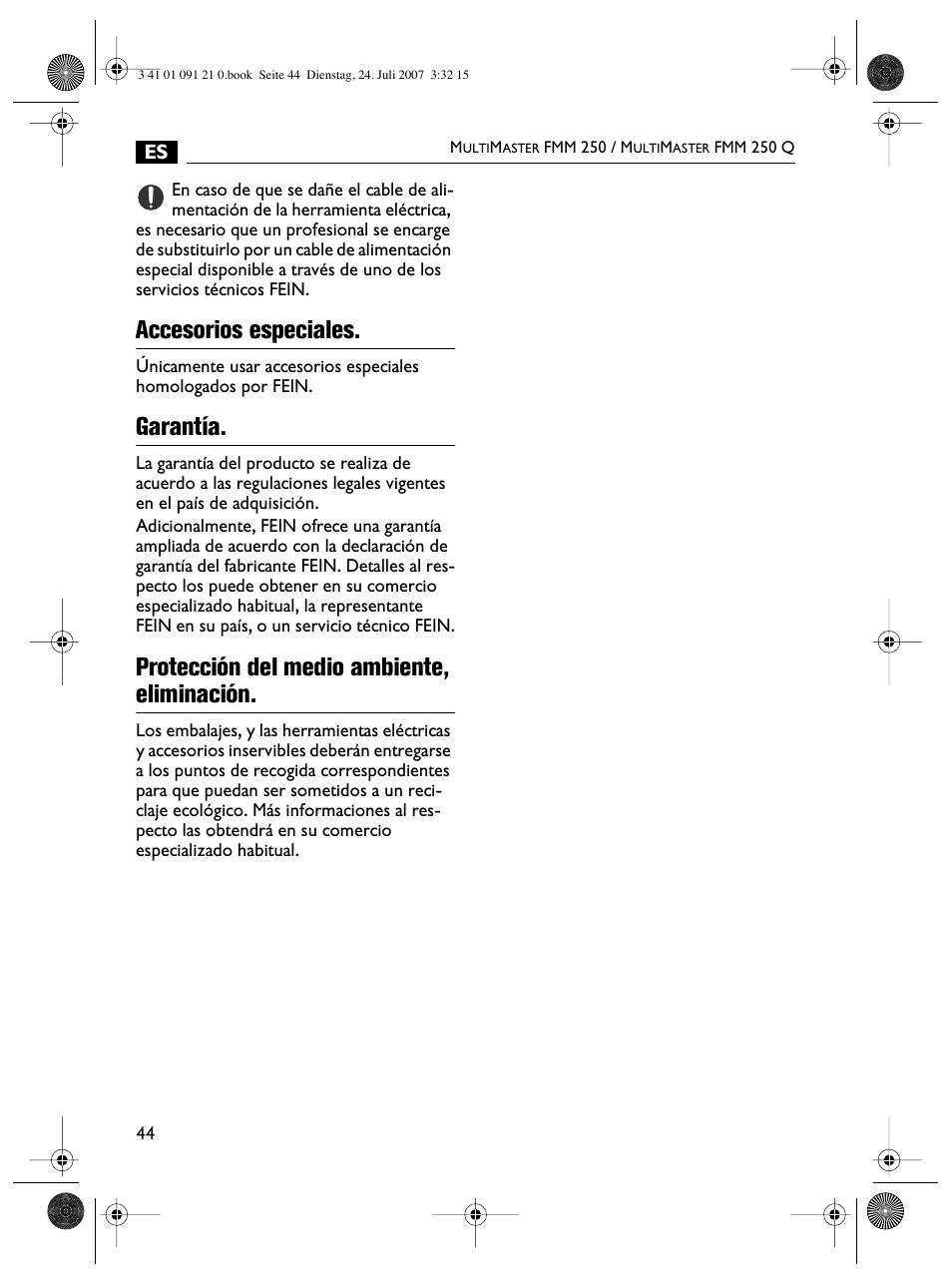 Accesorios especiales, Garantía, Protección del medio ambiente, eliminación | FEIN Power Tools FMM 250 User Manual | Page 44 / 44