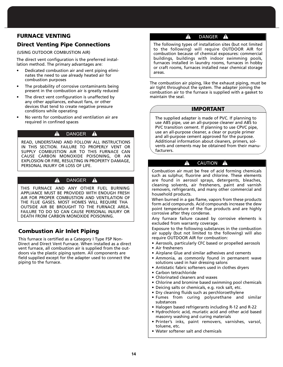 Direct venting pipe connections, Important, Furnace venting | Combustion air inlet piping | Fedders FV95A090 User Manual | Page 16 / 50