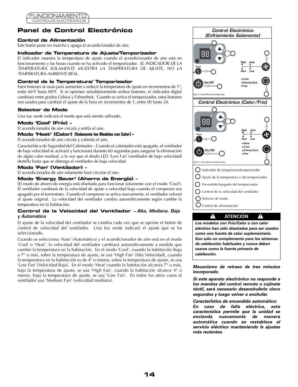Panel de control electrónico, Funcionamiento, Atencion | Fedders AEY08F2B User Manual | Page 14 / 28
