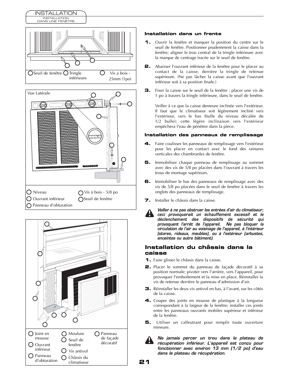 Installation du châssis dans la caisse | Fedders AEY08F2B User Manual | Page 21 / 28