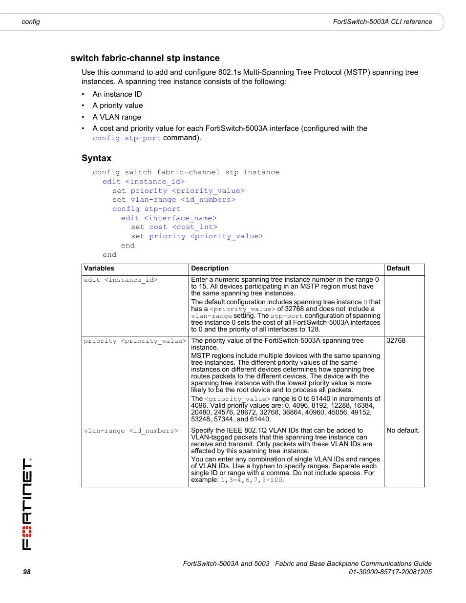 Switch fabric-channel stp instance, Syntax, Config switch fabric-channel stp instance | Fortinet 5003 User Manual | Page 98 / 128