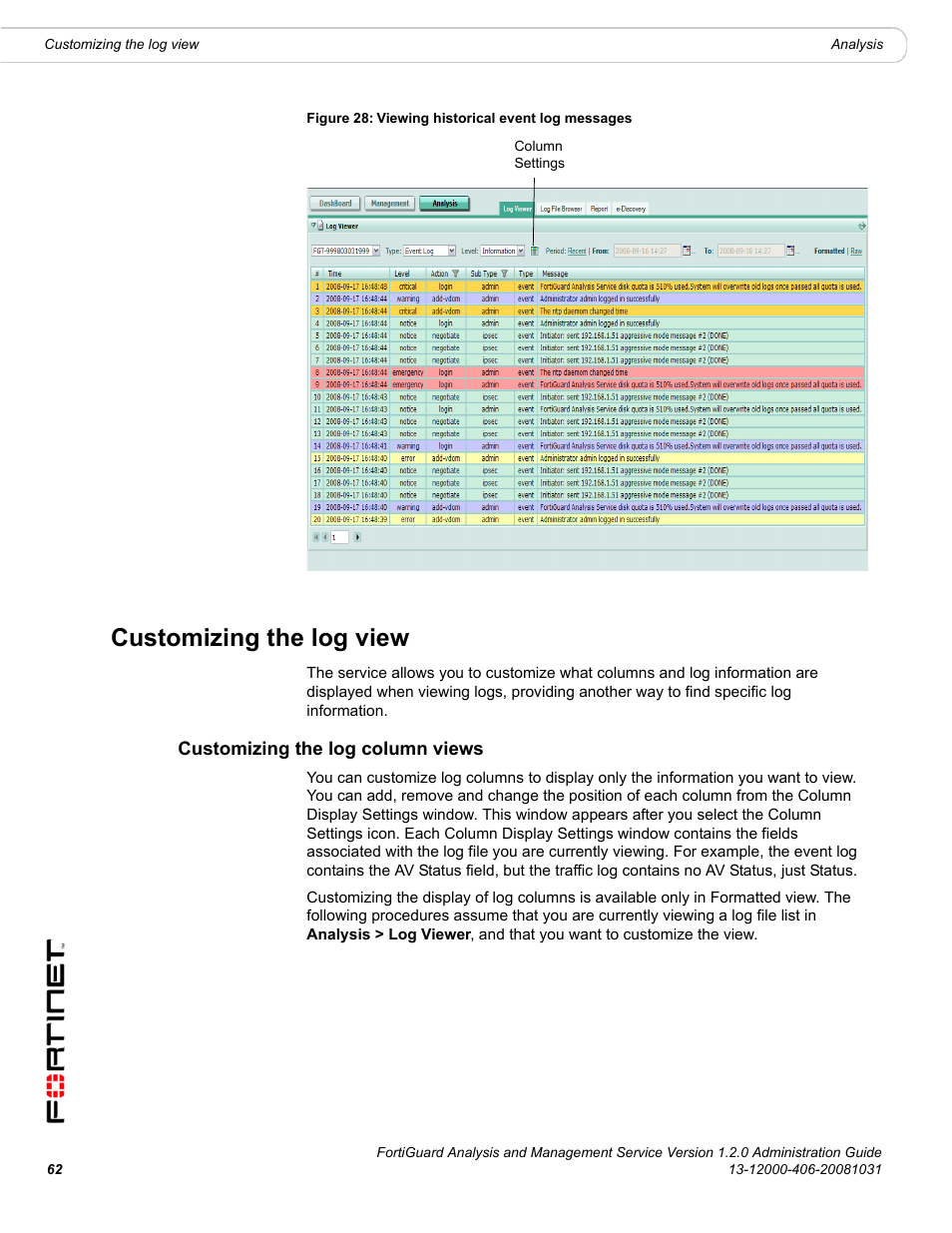 Customizing the log view, Customizing the log column views | Fortinet FortiGuard Analysis 1.2.0 User Manual | Page 60 / 76