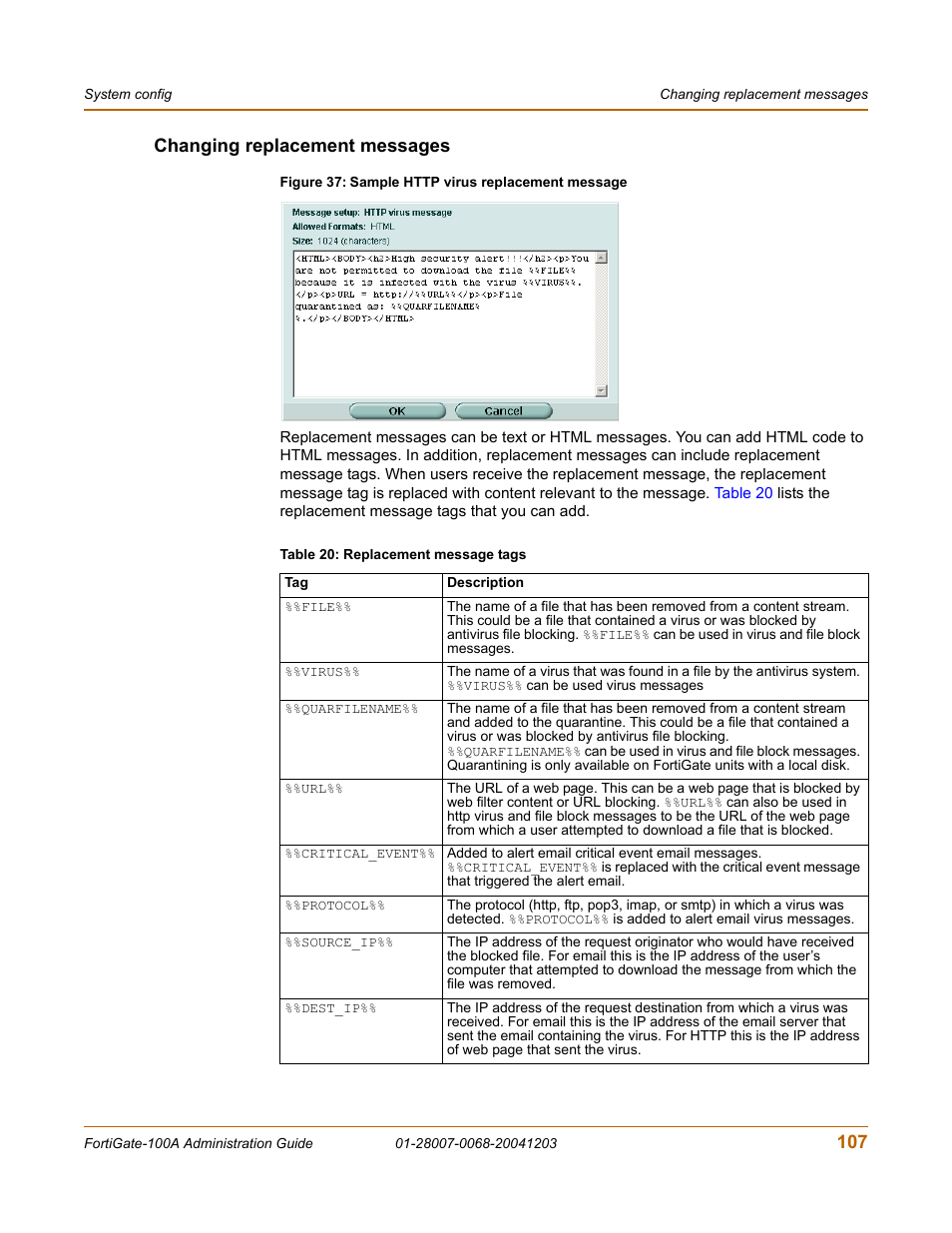 Changing replacement messages, 107 changing replacement messages | Fortinet 100A User Manual | Page 107 / 374