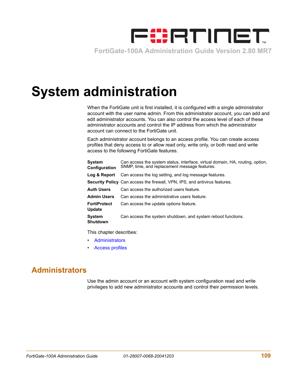 System administration, Administrators | Fortinet 100A User Manual | Page 109 / 374