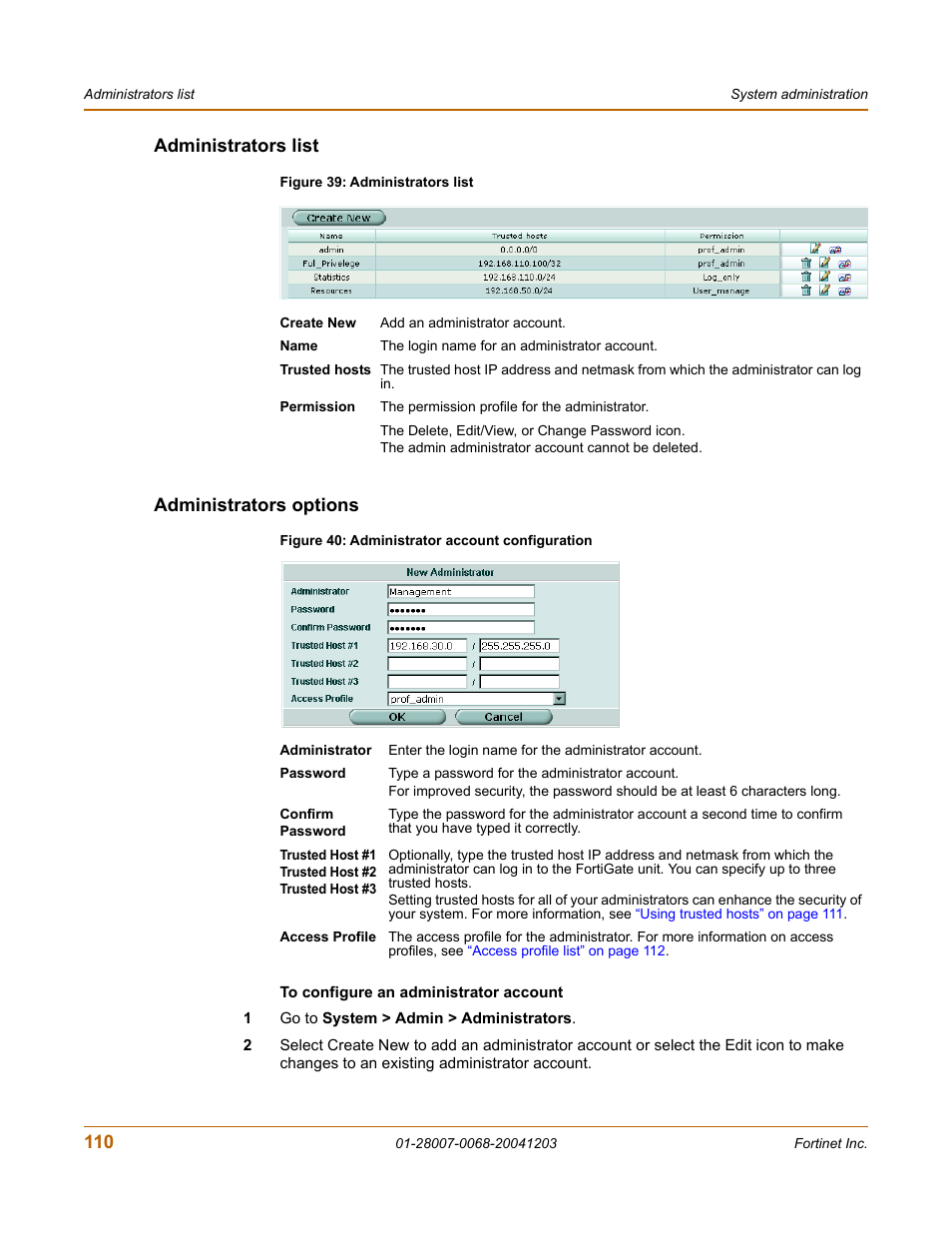 Administrators list, Administrators options, Administrators list administrators options | Fortinet 100A User Manual | Page 110 / 374