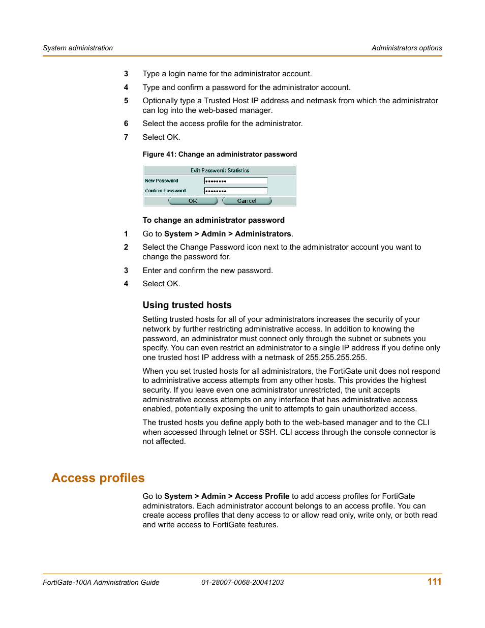 Using trusted hosts, Access profiles | Fortinet 100A User Manual | Page 111 / 374