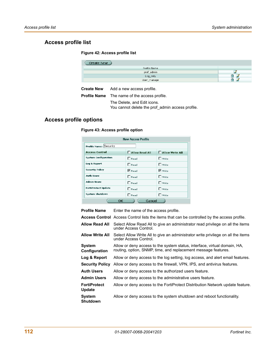 Access profile list, Access profile options, Access profile list access profile options | Fortinet 100A User Manual | Page 112 / 374