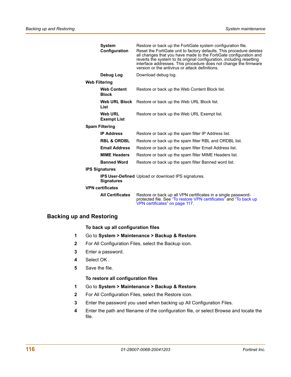 Backing up and restoring | Fortinet 100A User Manual | Page 116 / 374