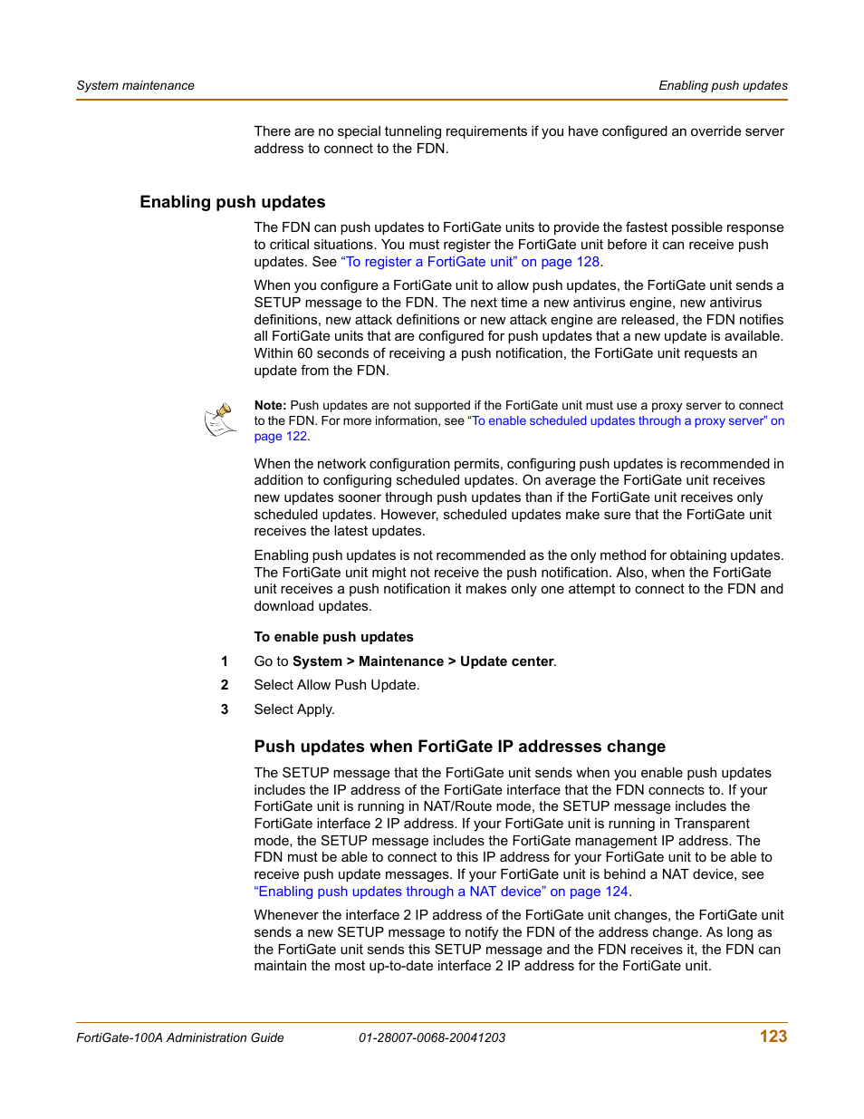 Enabling push updates, Push updates when fortigate ip addresses change, To enable | S. see | Fortinet 100A User Manual | Page 123 / 374