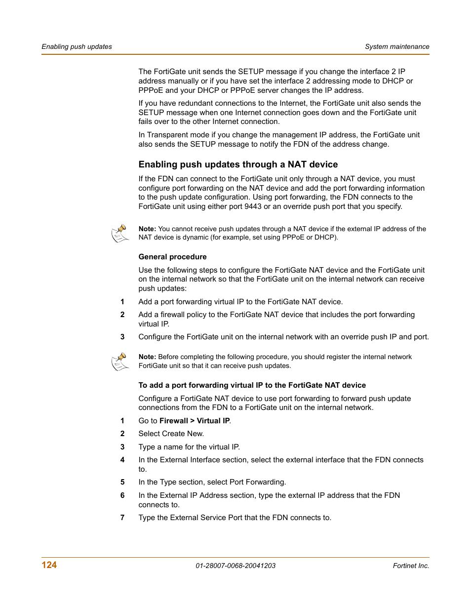 Enabling push updates through a nat device, Enabling push updates through a nat device” on | Fortinet 100A User Manual | Page 124 / 374