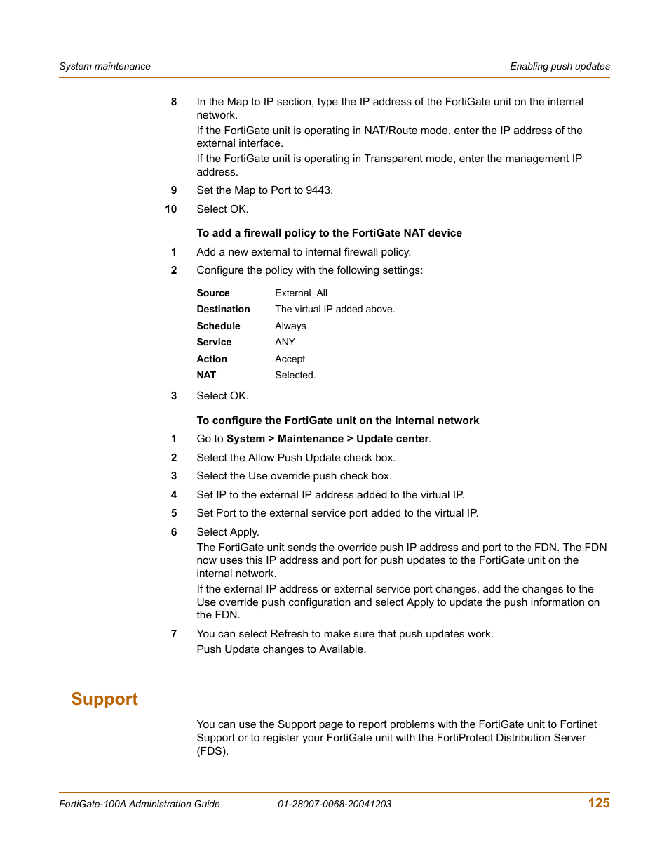 Support | Fortinet 100A User Manual | Page 125 / 374