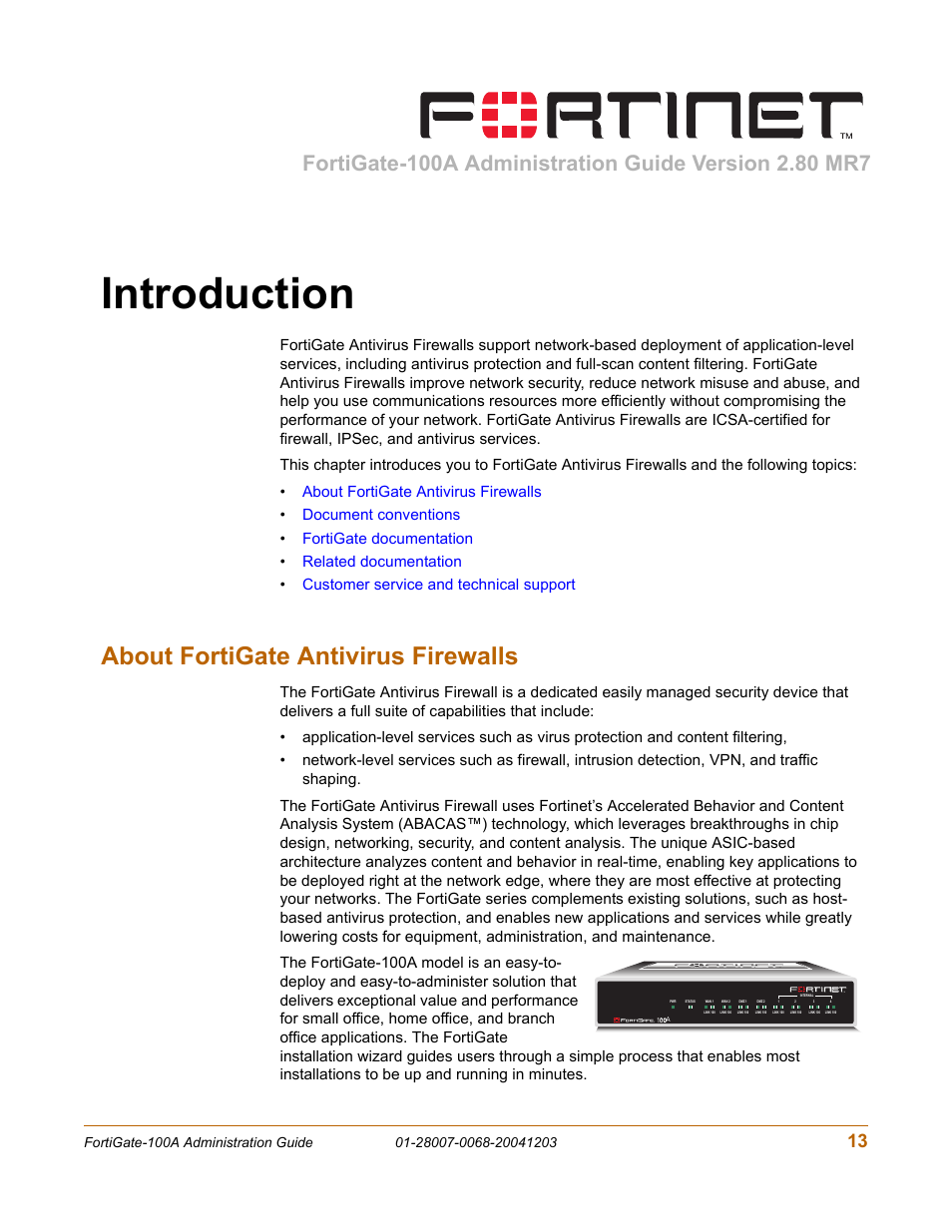 Introduction, About fortigate antivirus firewalls | Fortinet 100A User Manual | Page 13 / 374