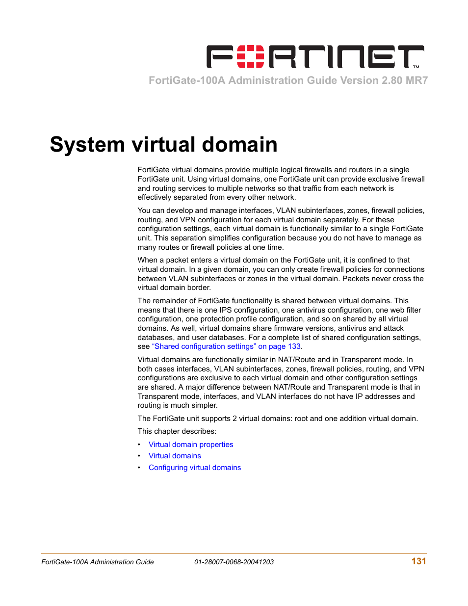 System virtual domain | Fortinet 100A User Manual | Page 131 / 374