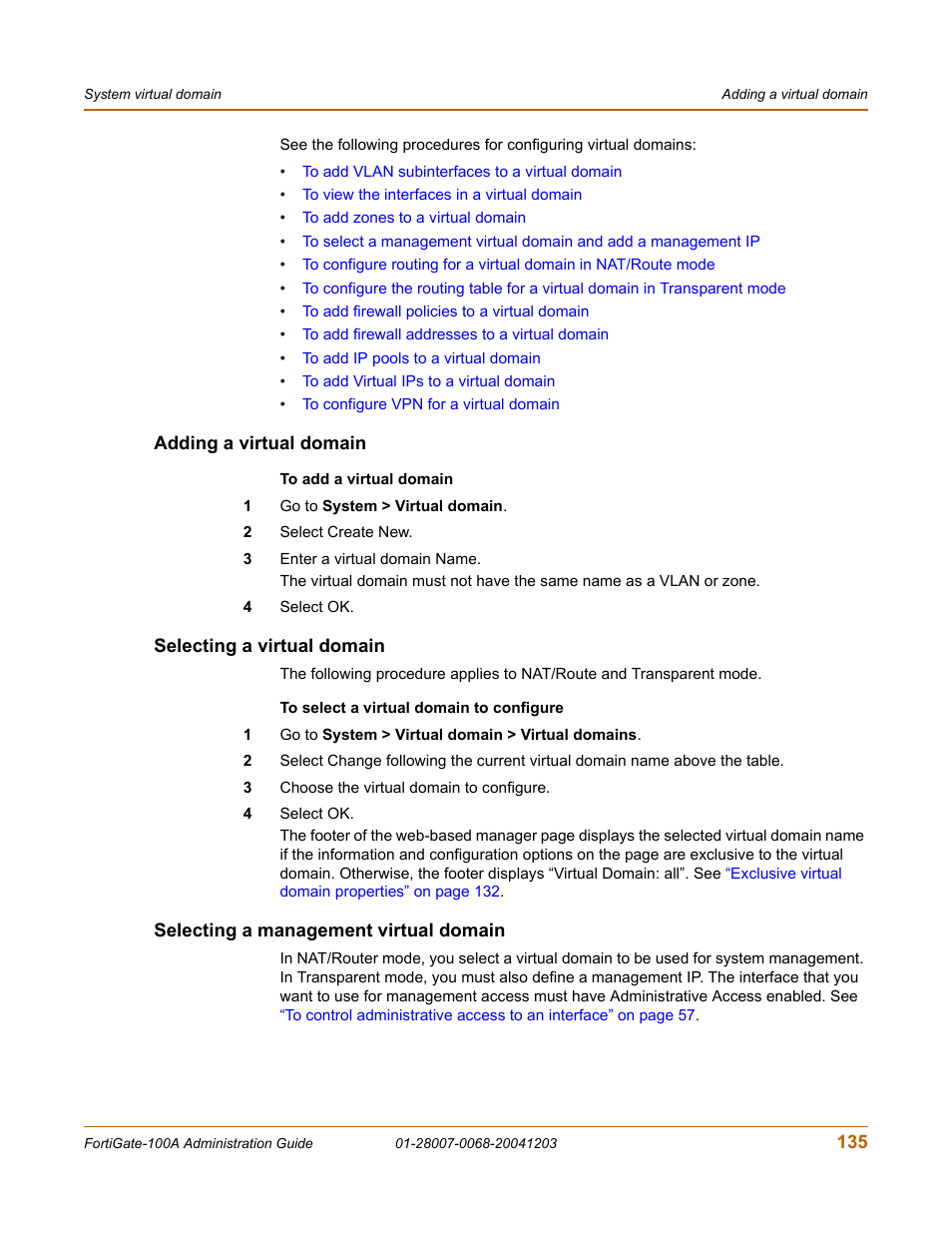 Adding a virtual domain, Selecting a virtual domain, Selecting a management virtual domain | Fortinet 100A User Manual | Page 135 / 374