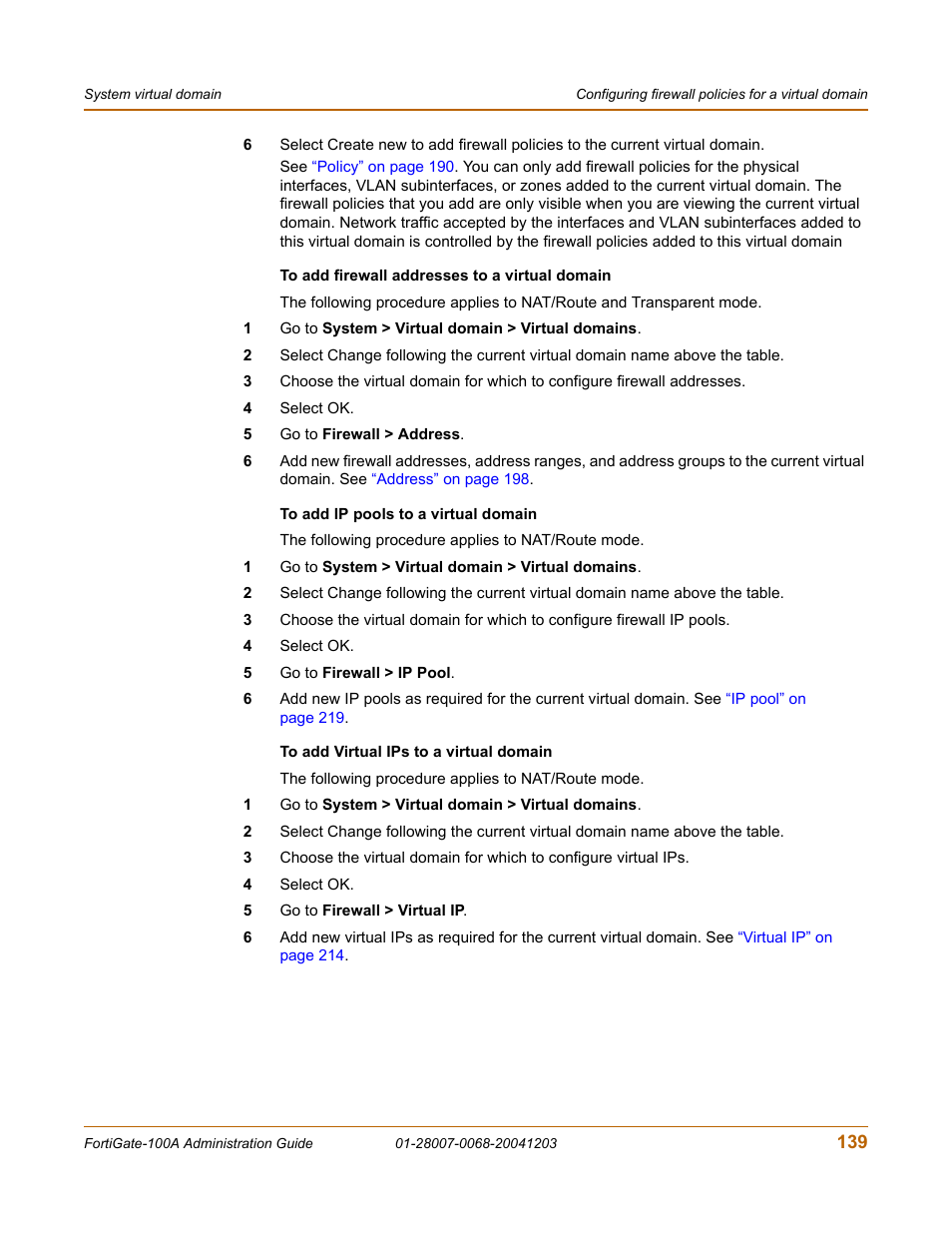 To add ip pools to a virtual, To add virtual ips to a virtual, To add firewall addresses to a virtual domain | To add ip pools to a virtual domain, To add virtual ips to a virtual domain | Fortinet 100A User Manual | Page 139 / 374