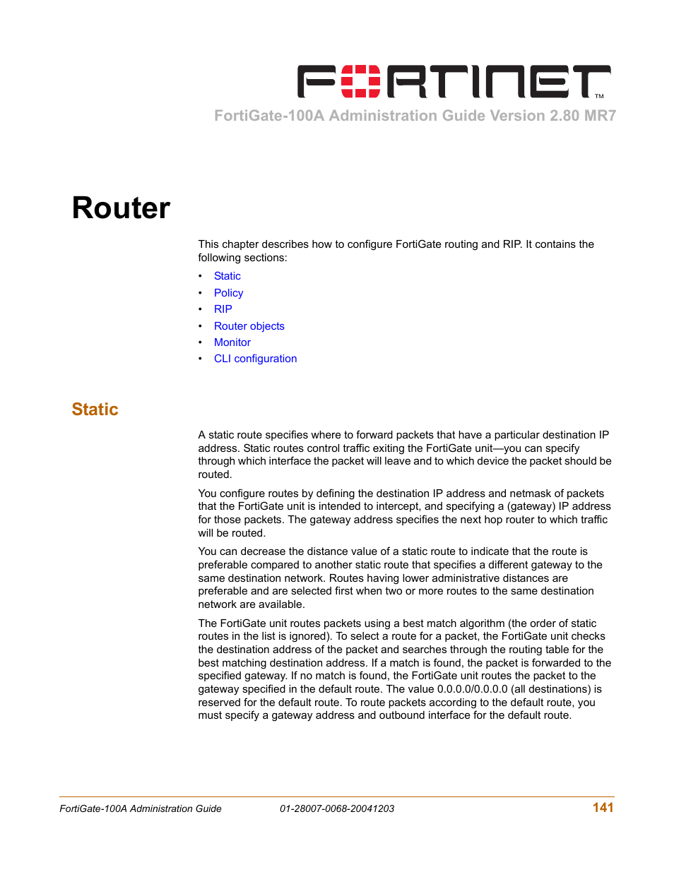 Router, Static, Netwo | Fortinet 100A User Manual | Page 141 / 374