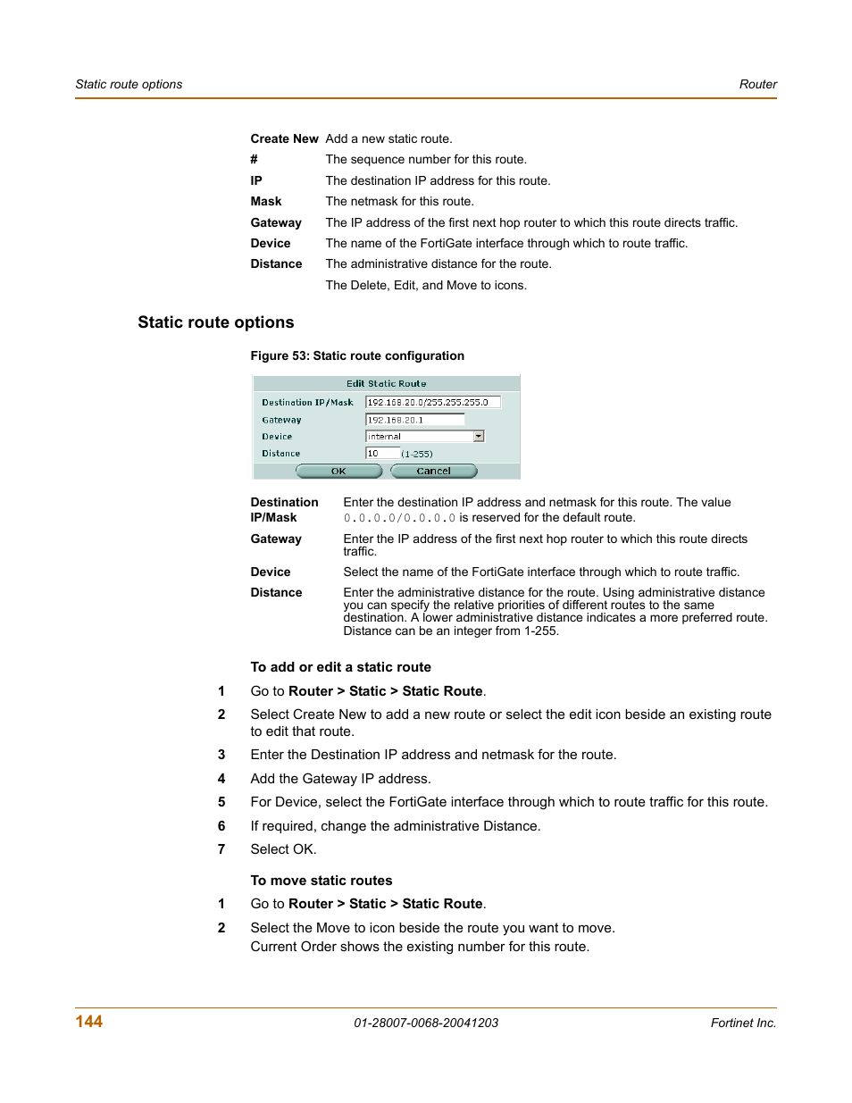 Static route options | Fortinet 100A User Manual | Page 144 / 374