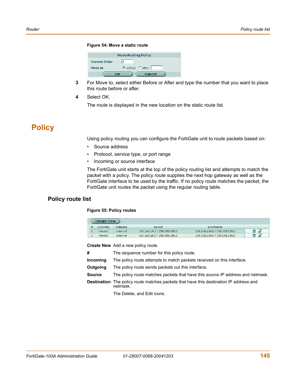 Policy, Policy route list | Fortinet 100A User Manual | Page 145 / 374