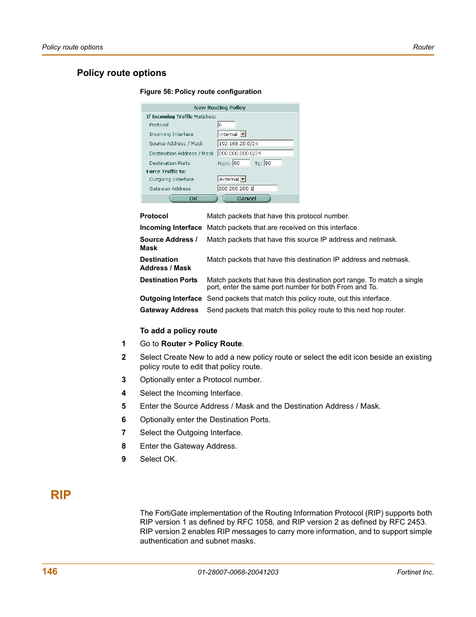 Policy route options | Fortinet 100A User Manual | Page 146 / 374