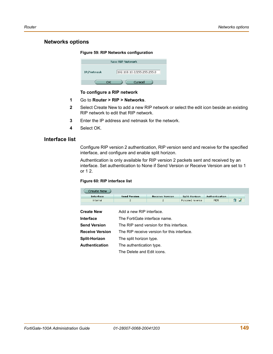 Networks options, Interface list, Networks options interface list | Fortinet 100A User Manual | Page 149 / 374