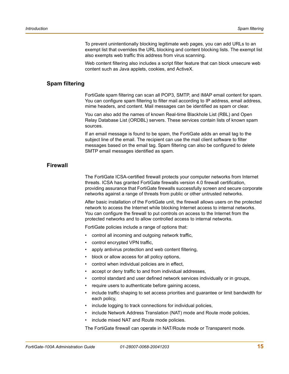 Spam filtering, Firewall, Spam filtering firewall | Fortinet 100A User Manual | Page 15 / 374