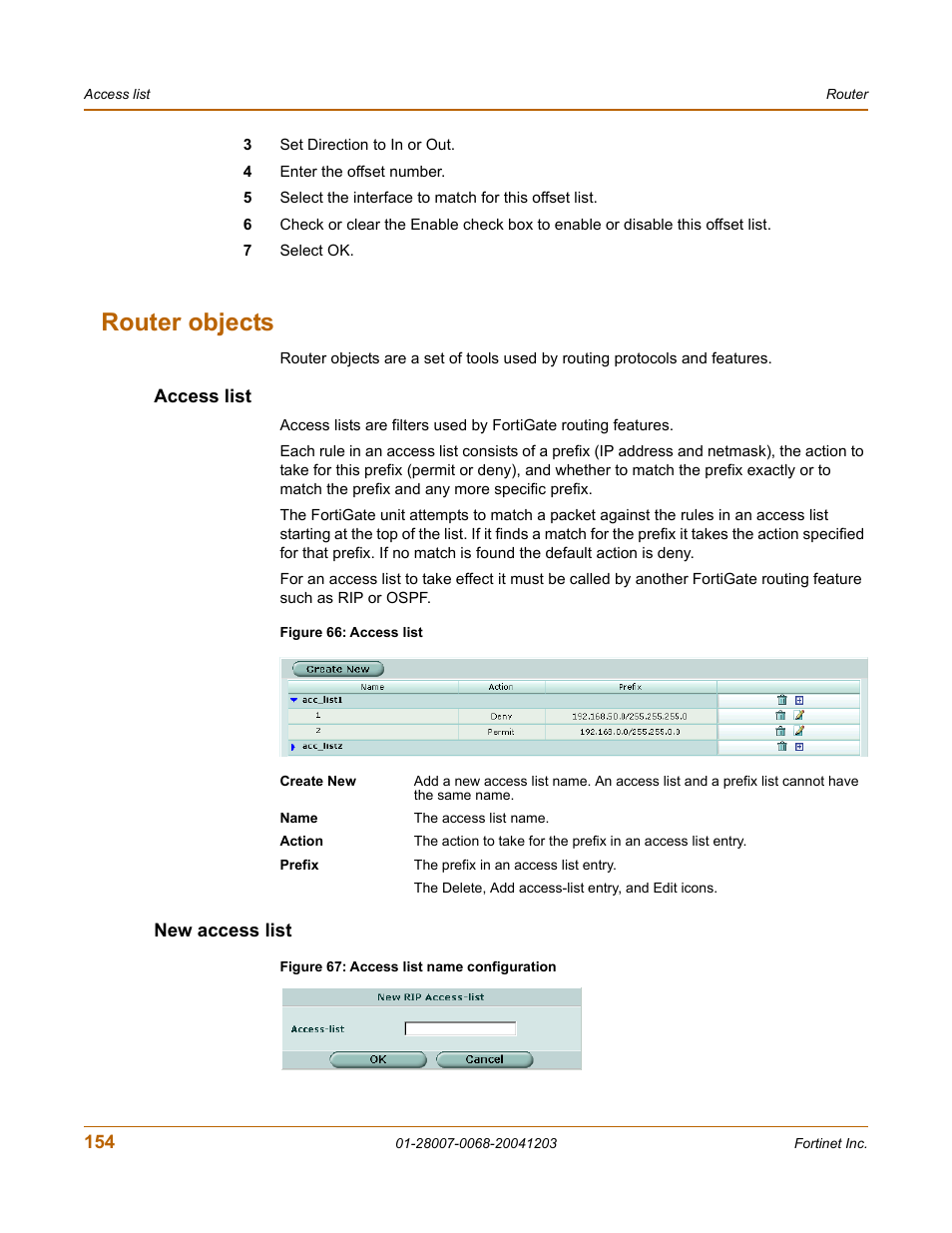 Router objects, Access list, New access list | Access list new access list | Fortinet 100A User Manual | Page 154 / 374