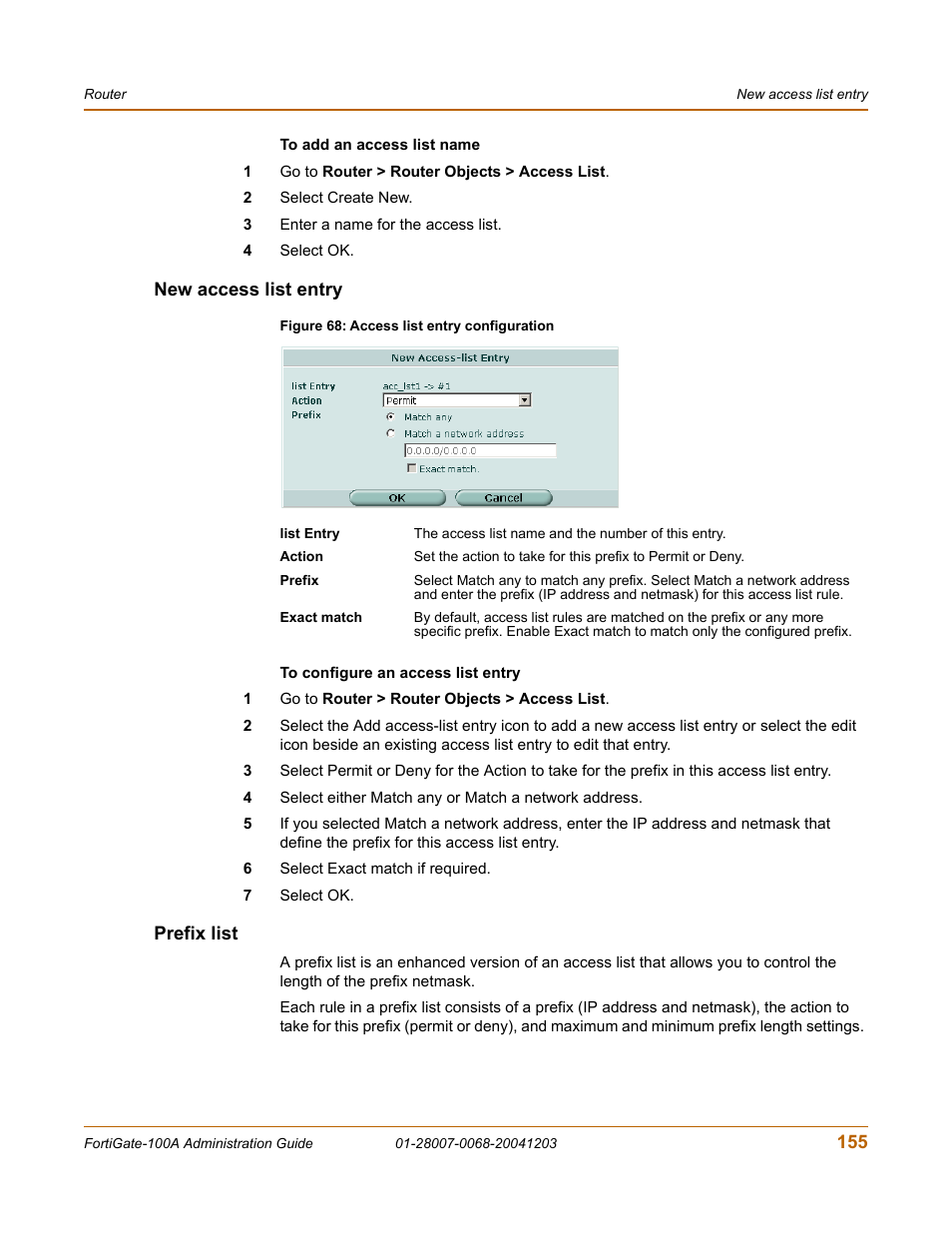 New access list entry, Prefix list, New access list entry prefix list | Fortinet 100A User Manual | Page 155 / 374