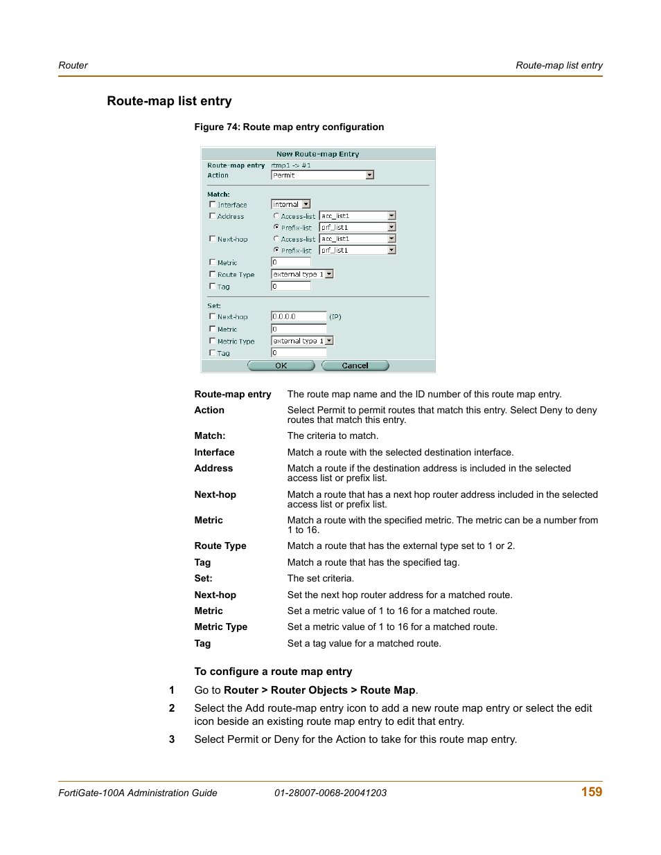 Route-map list entry, 159 route-map list entry | Fortinet 100A User Manual | Page 159 / 374