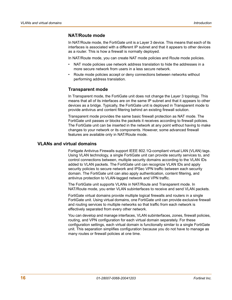 Nat/route mode, Transparent mode, Vlans and virtual domains | Fortinet 100A User Manual | Page 16 / 374