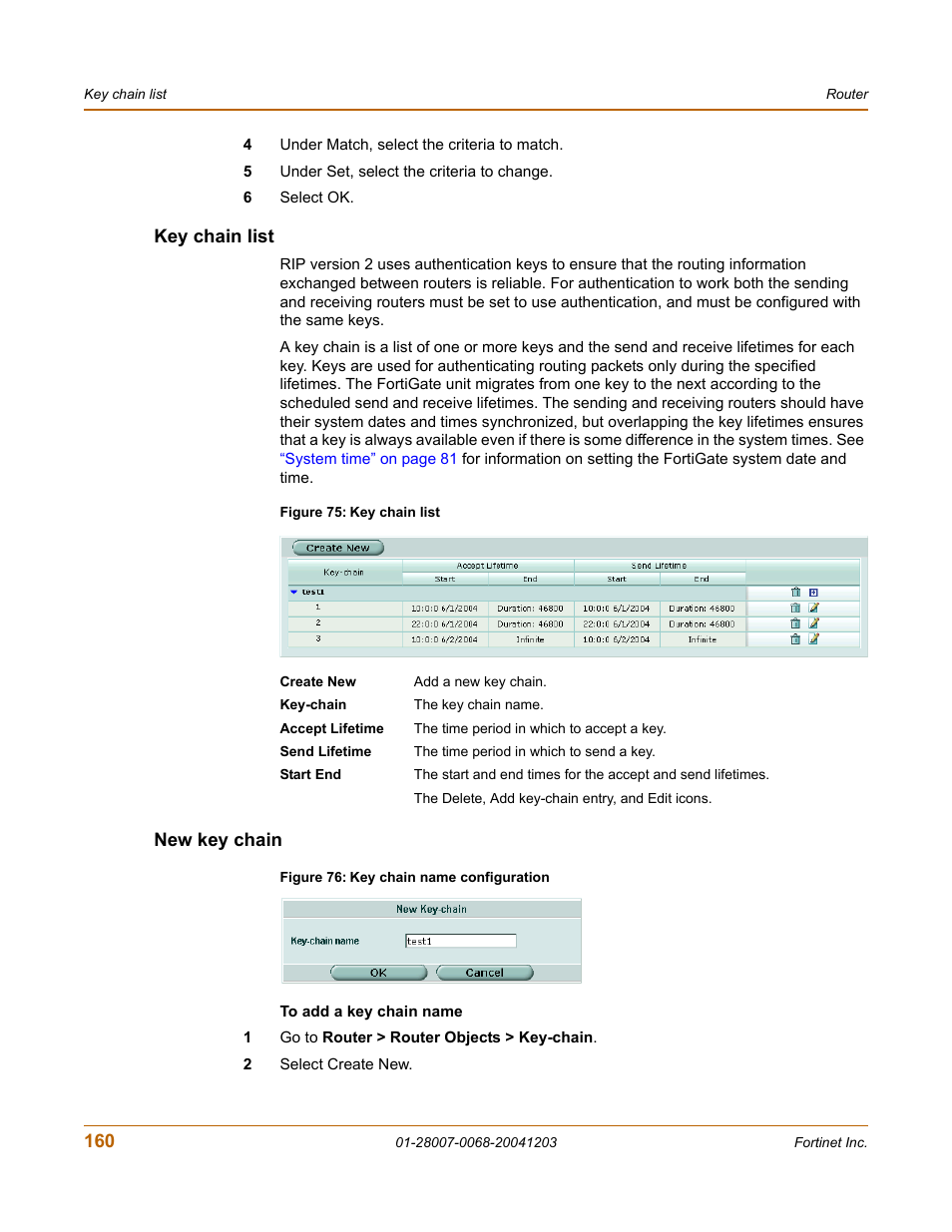 Key chain list, New key chain, Key chain list new key chain | Fortinet 100A User Manual | Page 160 / 374