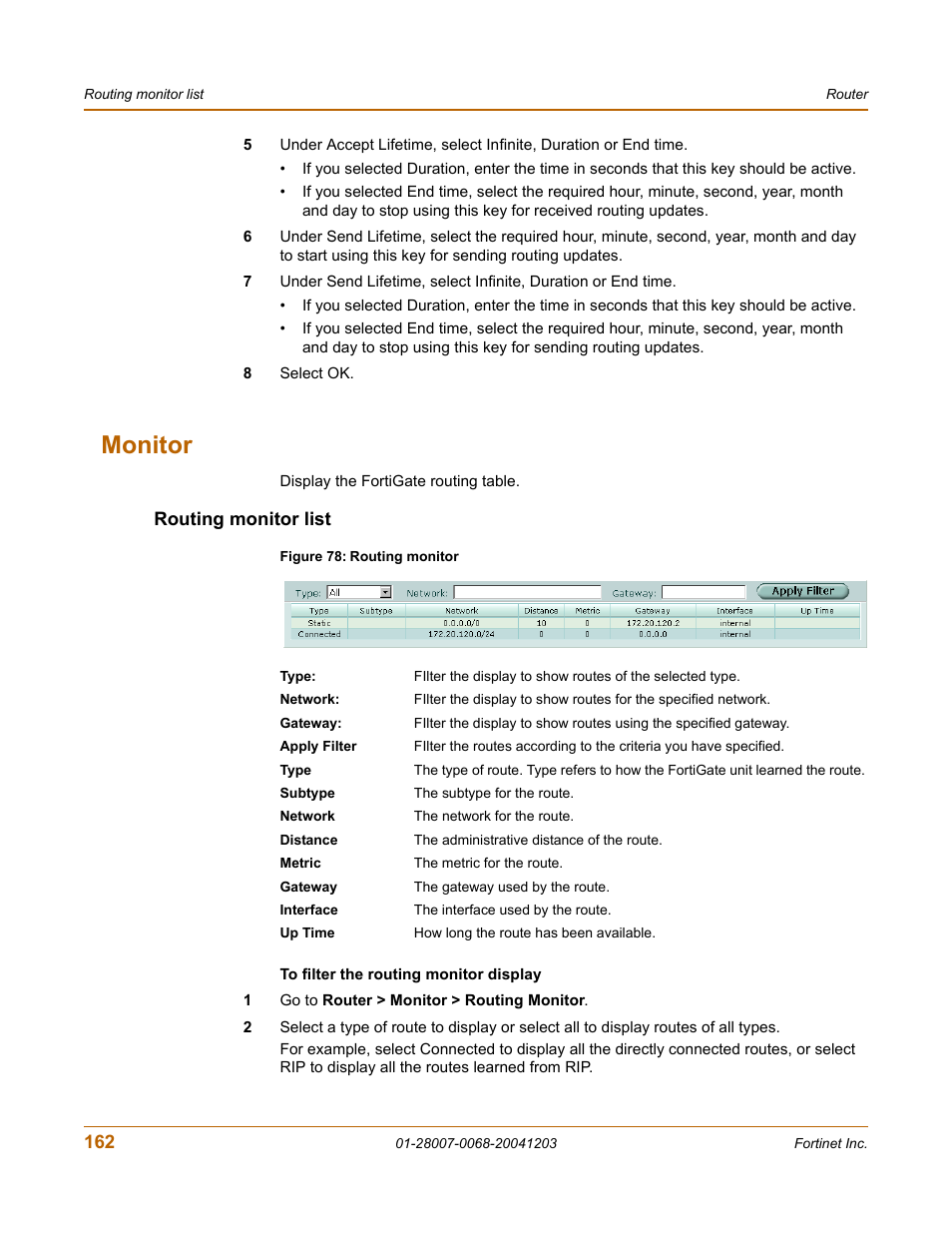 Monitor, Routing monitor list | Fortinet 100A User Manual | Page 162 / 374