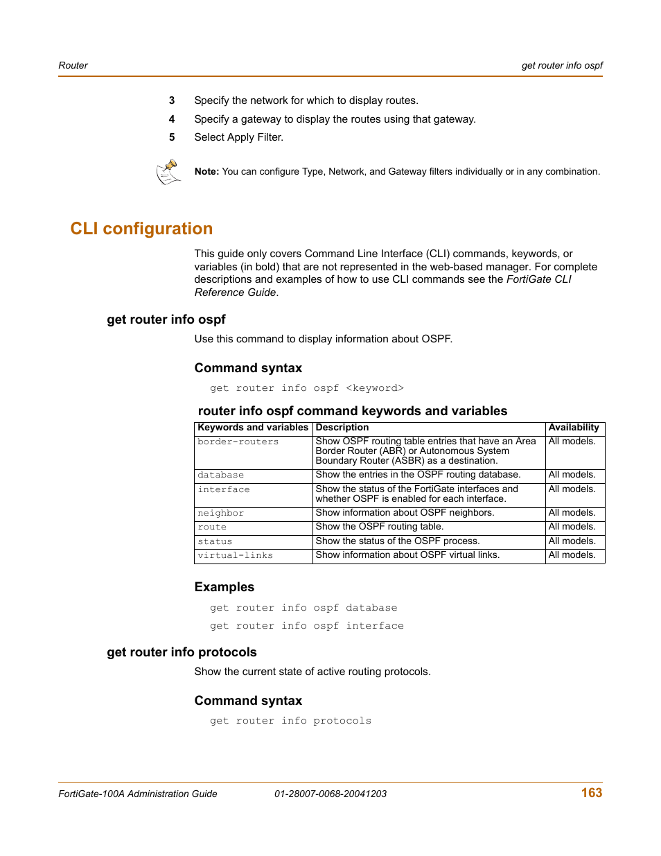 Cli configuration, Get router info ospf, Command syntax | Examples, Get router info protocols, Get router info ospf get router info protocols | Fortinet 100A User Manual | Page 163 / 374