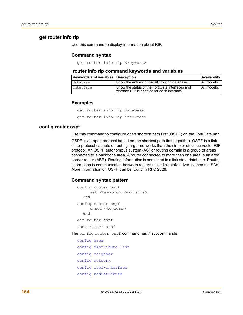 Get router info rip, Command syntax, Examples | Config router ospf, Command syntax pattern, Get router info rip config router ospf | Fortinet 100A User Manual | Page 164 / 374