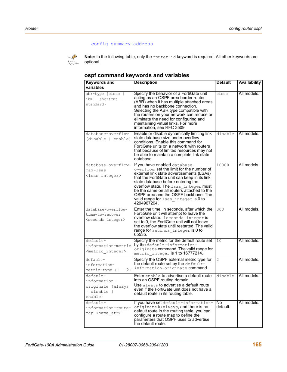 Ospf command keywords and variables | Fortinet 100A User Manual | Page 165 / 374