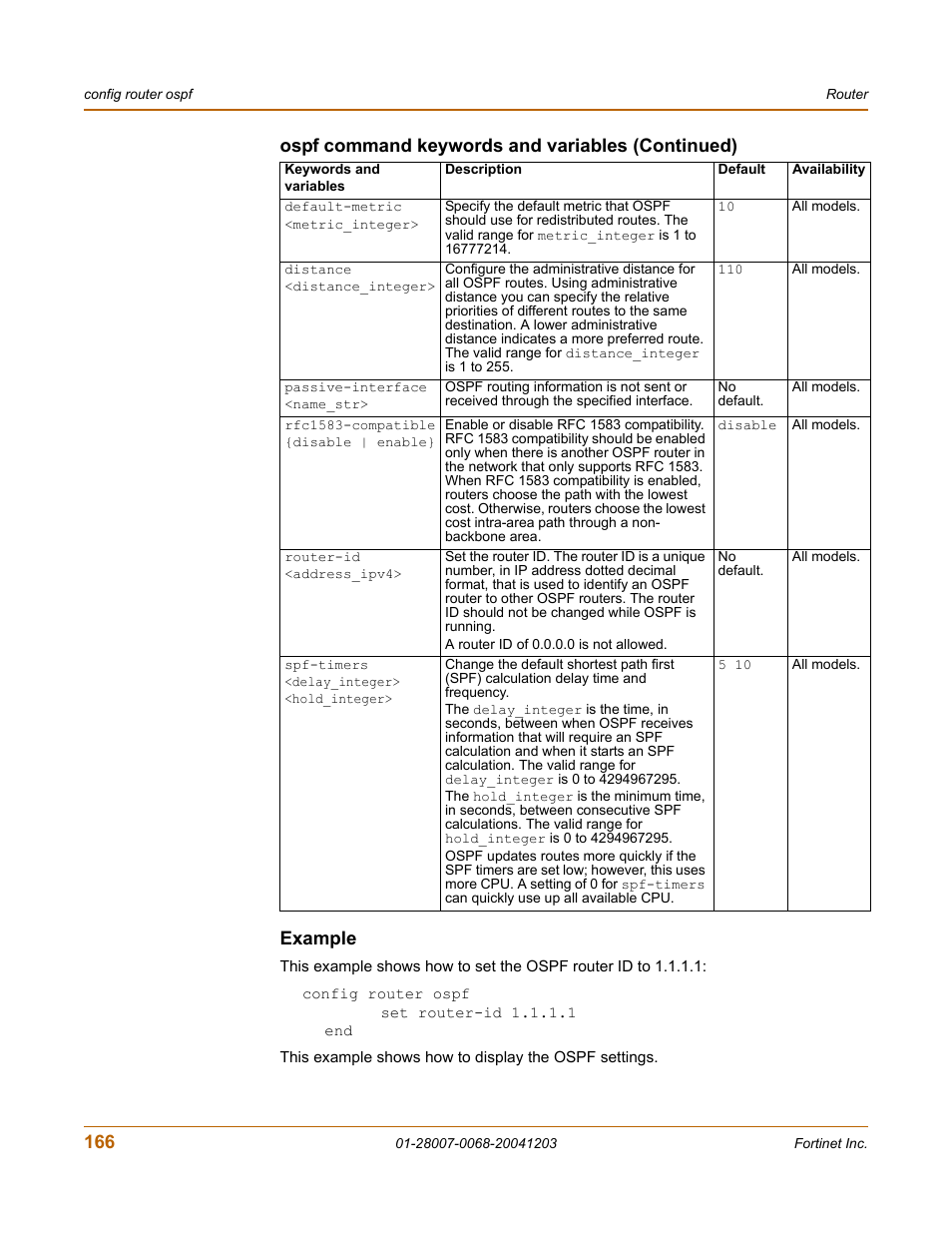 Example, Ospf command keywords and variables (continued) | Fortinet 100A User Manual | Page 166 / 374