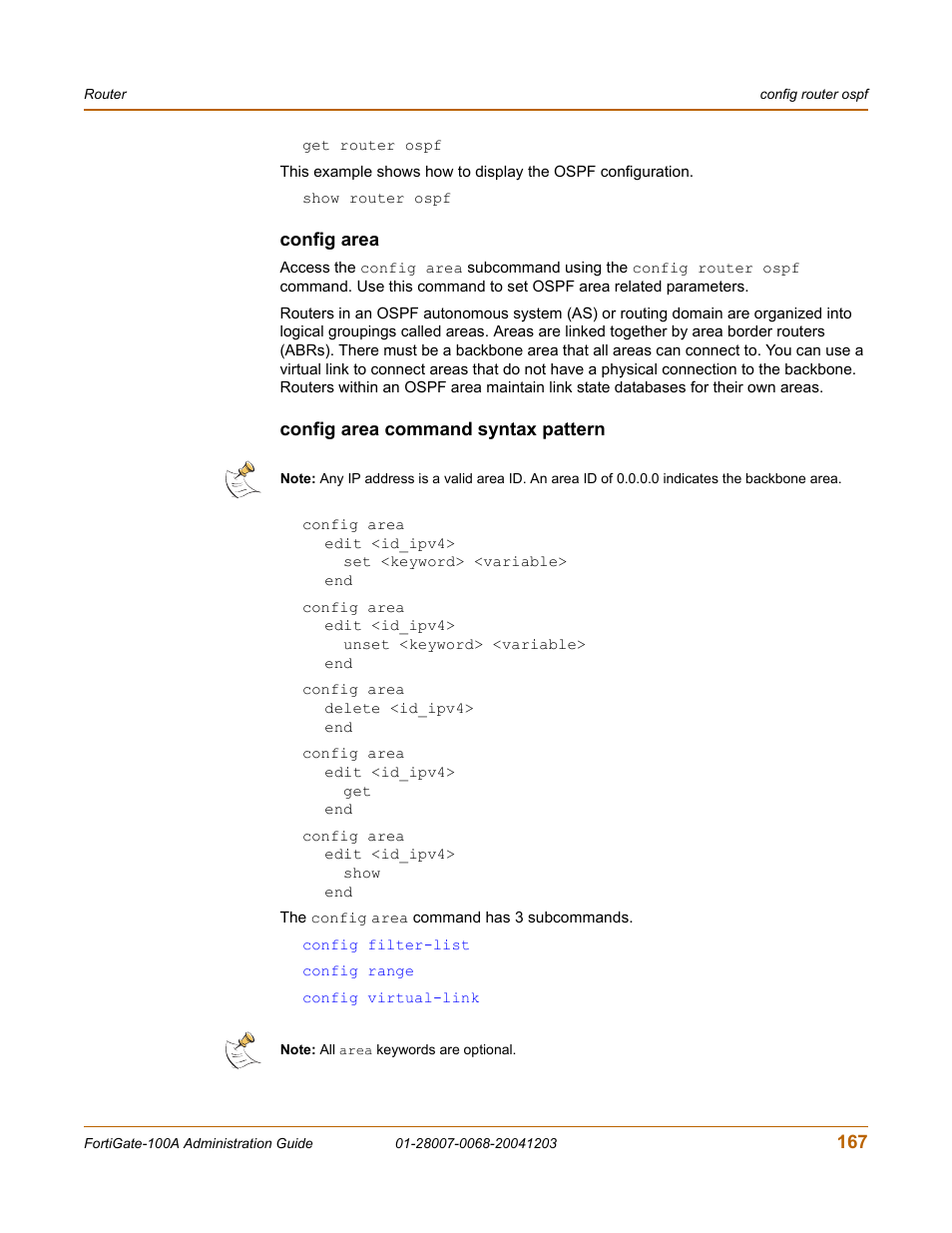 Config area, Config area command syntax pattern | Fortinet 100A User Manual | Page 167 / 374