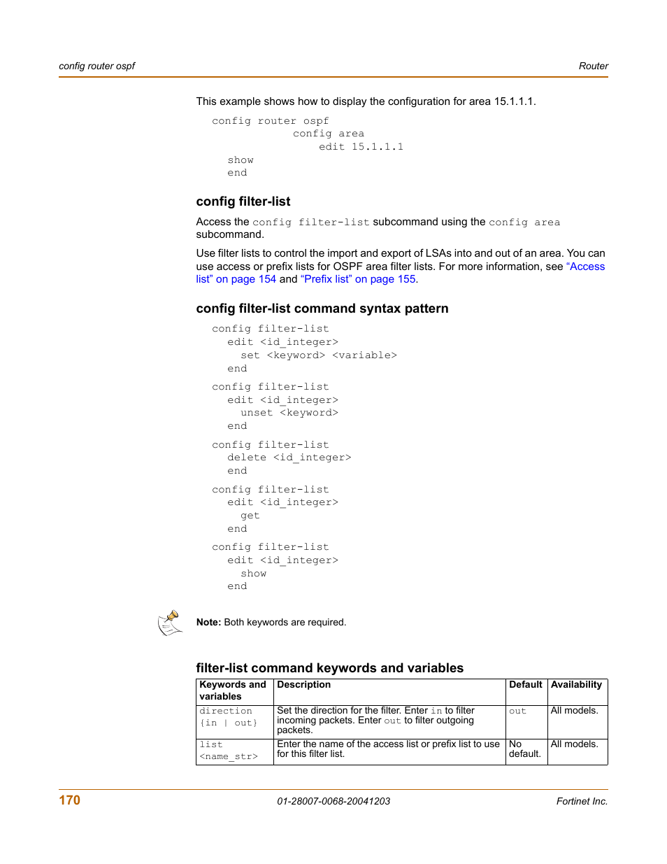 Config filter-list, Config filter-list command syntax pattern | Fortinet 100A User Manual | Page 170 / 374