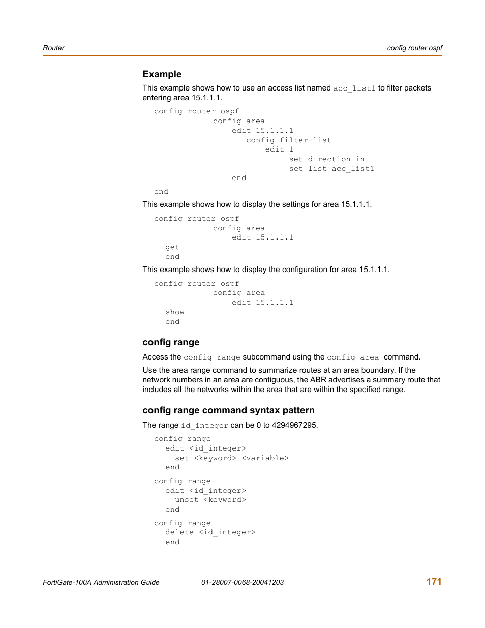 Example, Config range, Config range command syntax pattern | Fortinet 100A User Manual | Page 171 / 374